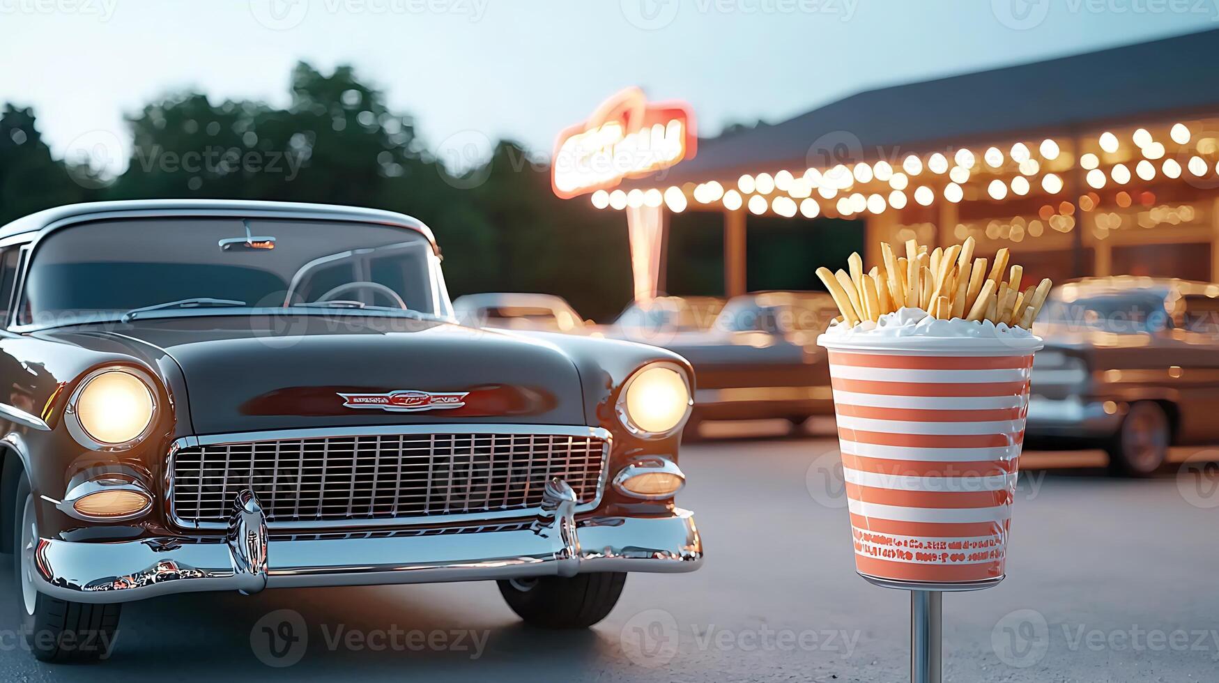 Classic car parked near a retro diner with a cup of fries in the foreground during twilight photo