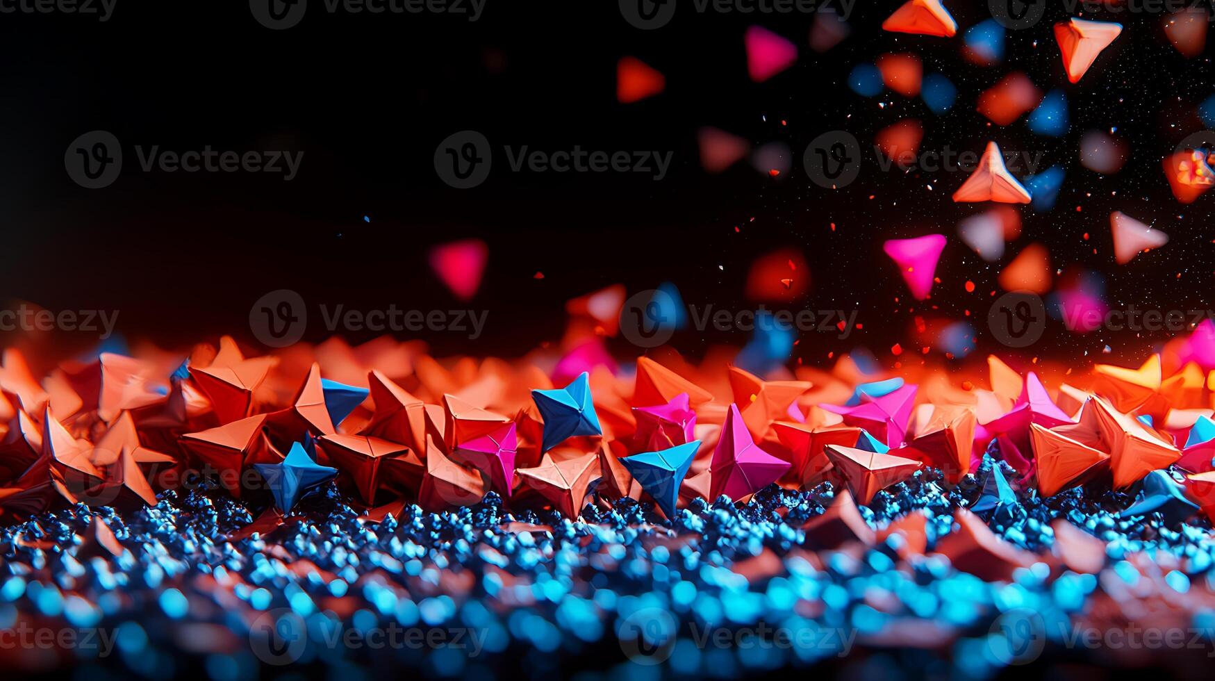 Vibrant geometric shapes in red and blue scattered on a shimmering surface with dynamic lighting photo