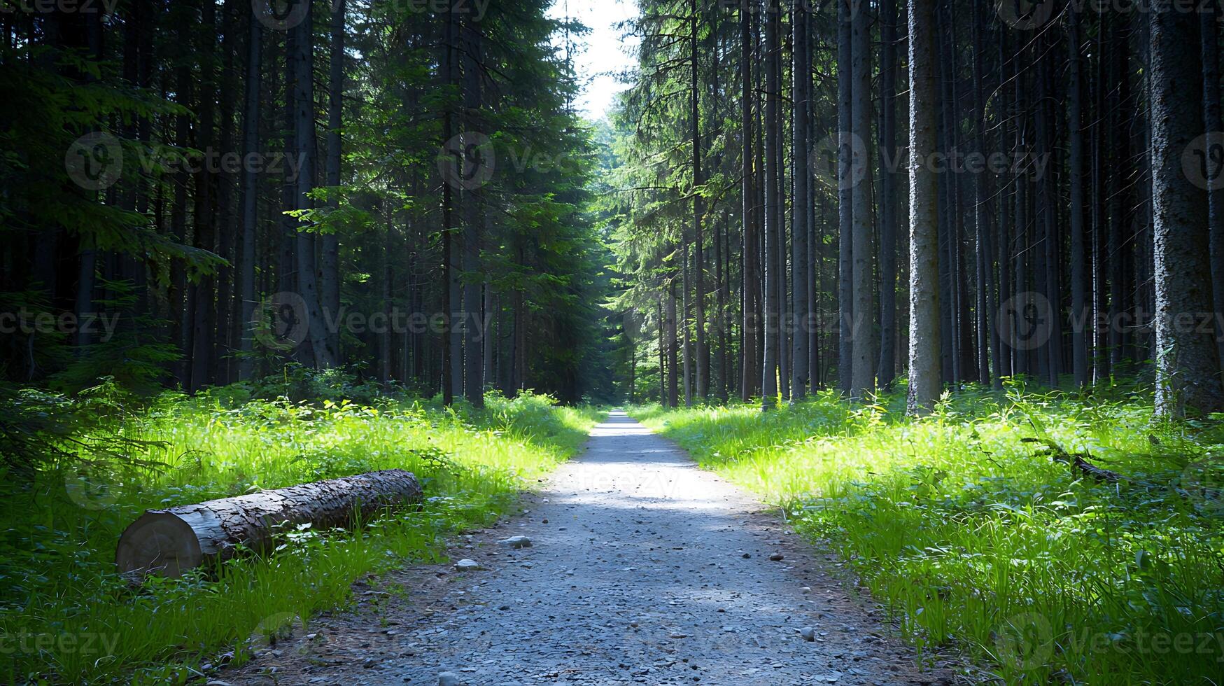 Serene forest pathway lined with tall trees, sunlight filtering through, inviting nature walk photo
