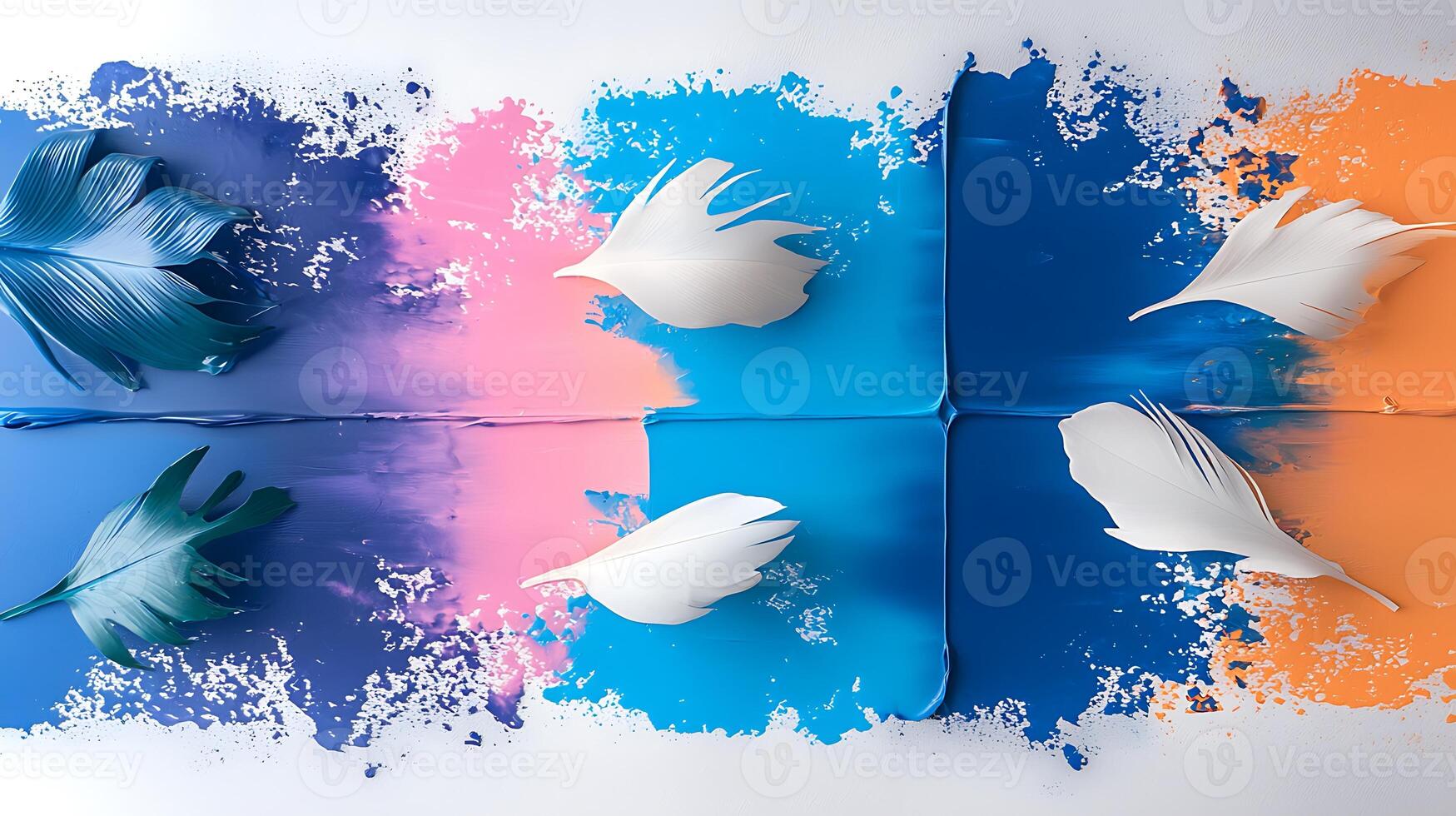 Vibrant abstract composition with colorful paint splashes and delicate feathers arranged artistically photo