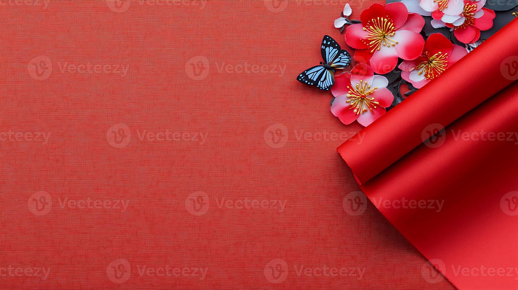 Vibrant red background with blooming flowers and a butterfly, creating a festive atmosphere photo
