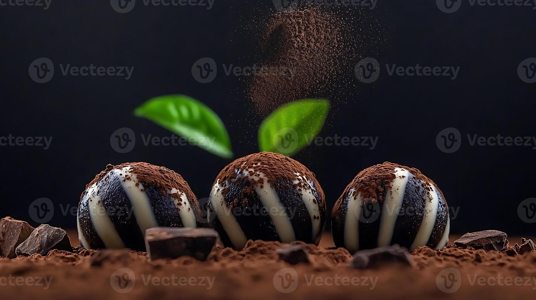 Three chocolate truffles with cocoa powder and green leaves on a dark background, showcasing dessert artistry photo