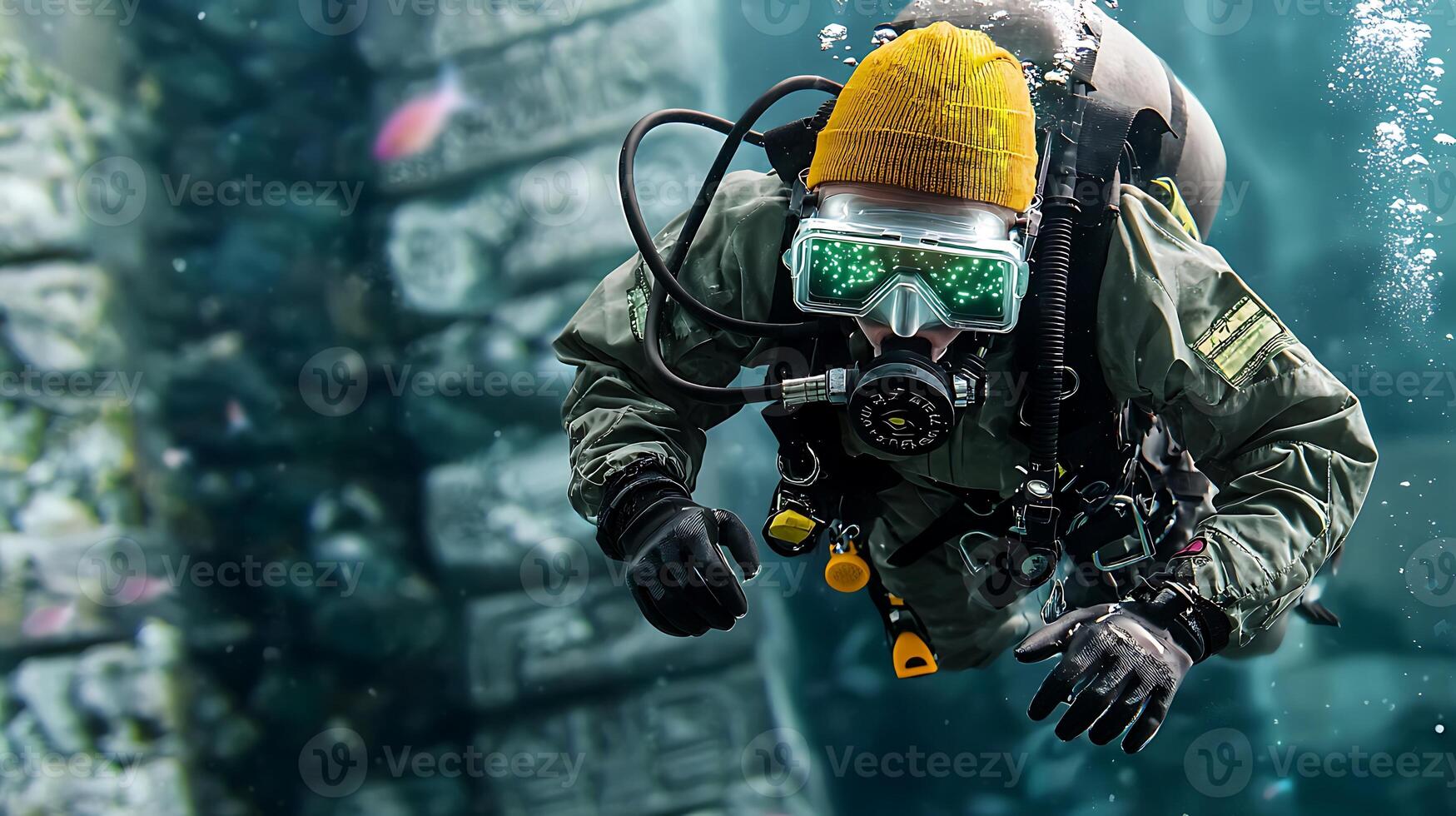 Diver exploring underwater ruins, surrounded by aquatic life in a serene, blue environment photo