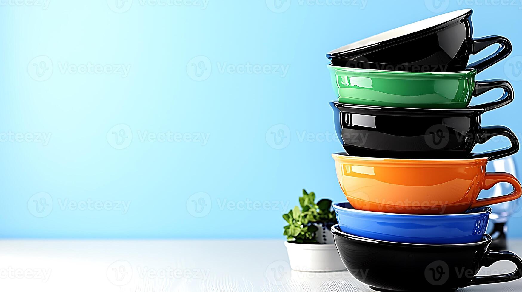 Stacked colorful bowls on a bright background with a small plant and glass in the scene photo