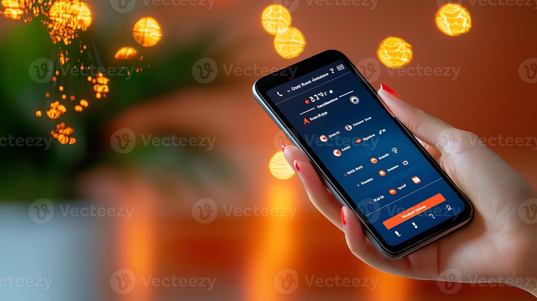 A person holding a smartphone displaying an app interface with vibrant background lights photo