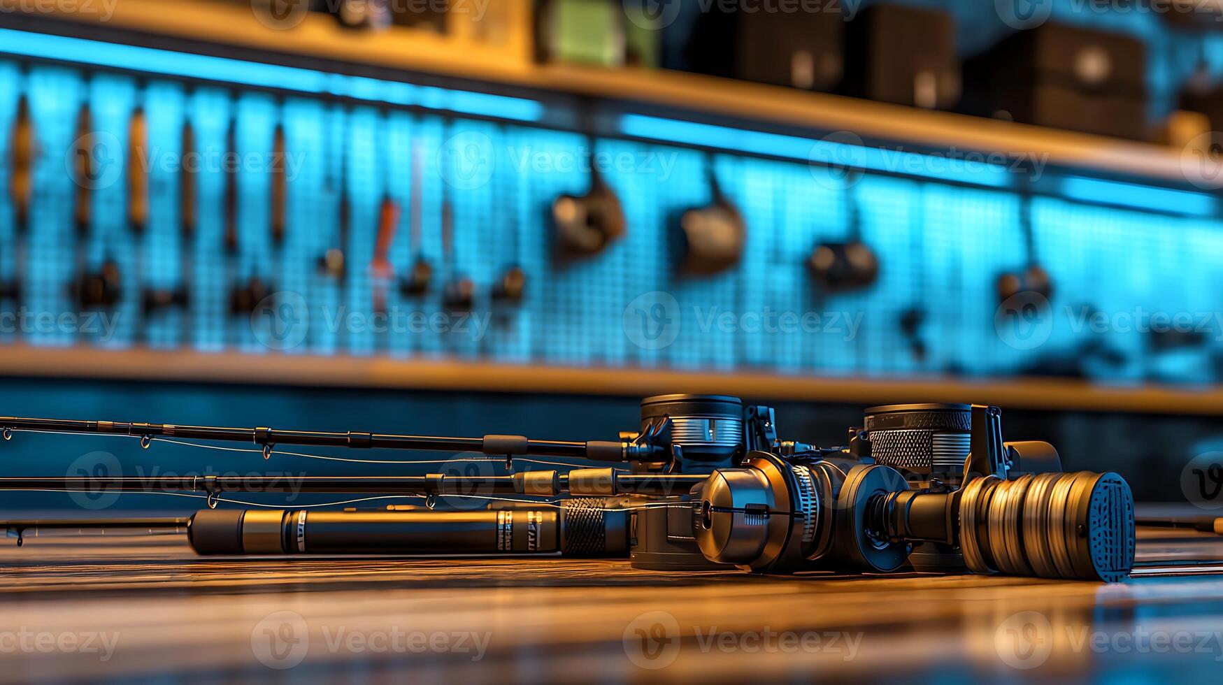 Close-up of fishing rods and reels on a wooden table in a well-lit workshop with tools photo