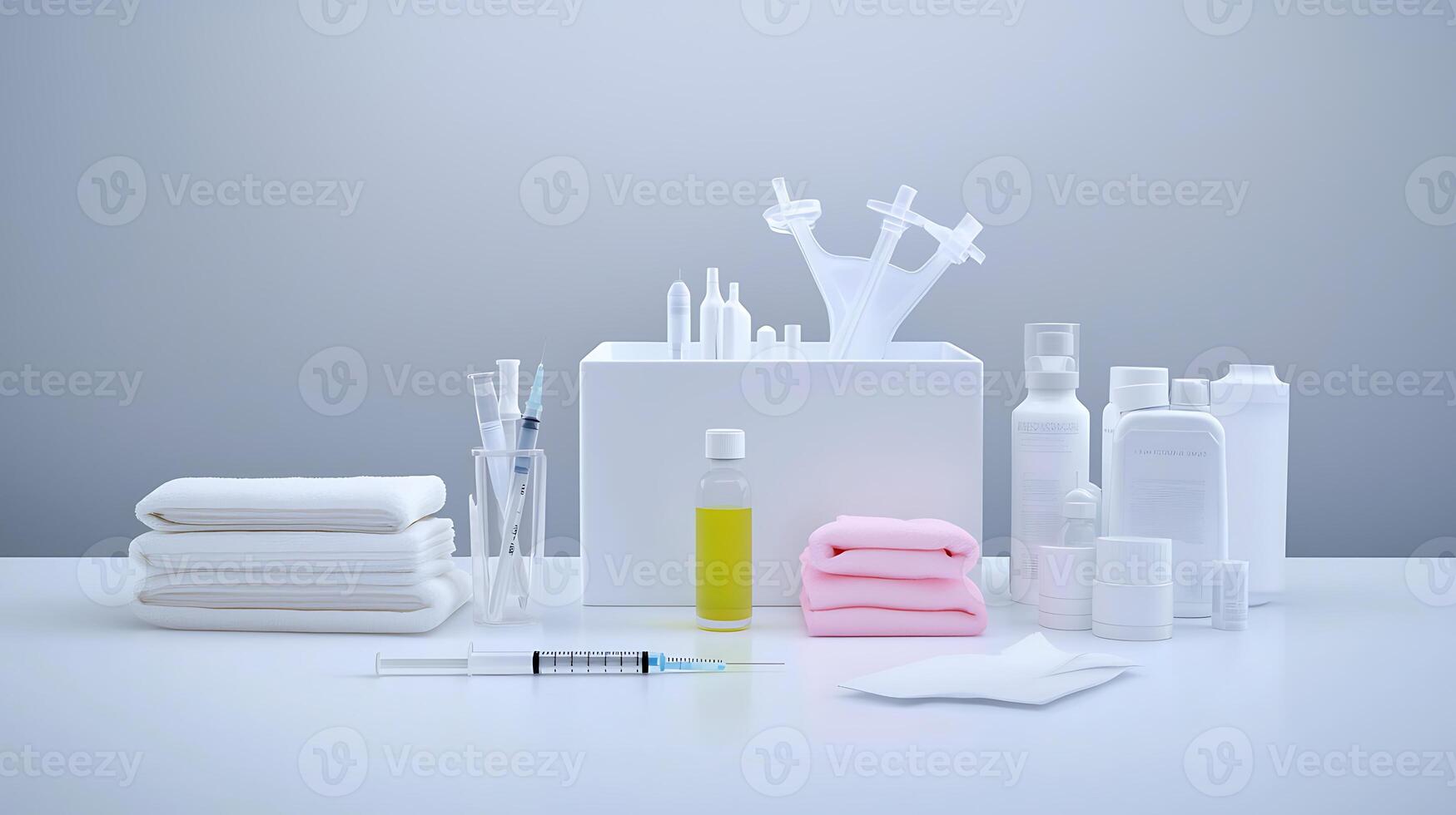 Medical supplies arranged on a table with syringes, bottles, and towels in a clean setting photo