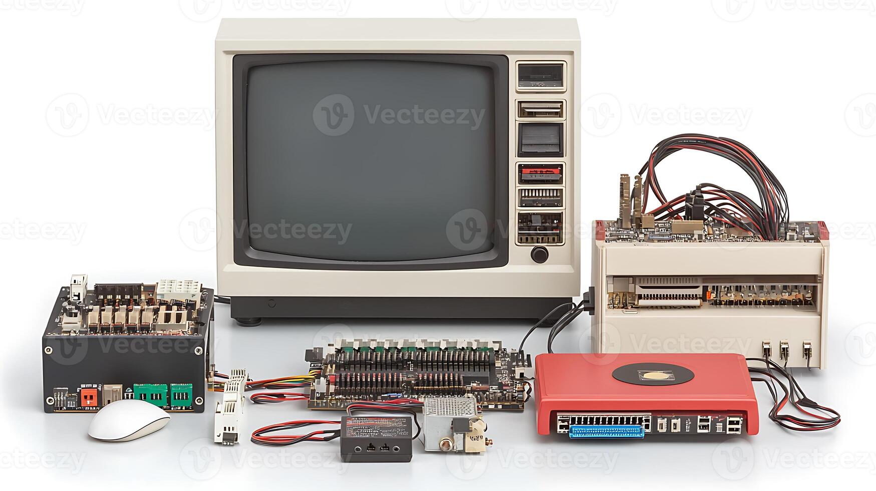 Vintage computer components arranged on a clean surface, showcasing retro technology and design photo