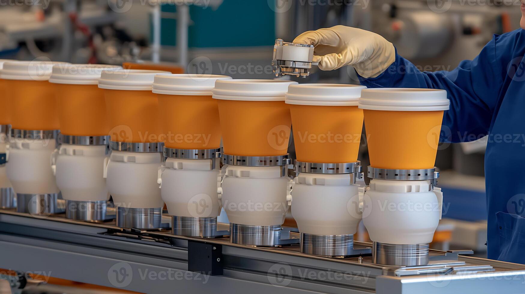 Worker assembling reusable coffee cups in a modern production line with machinery in the background photo