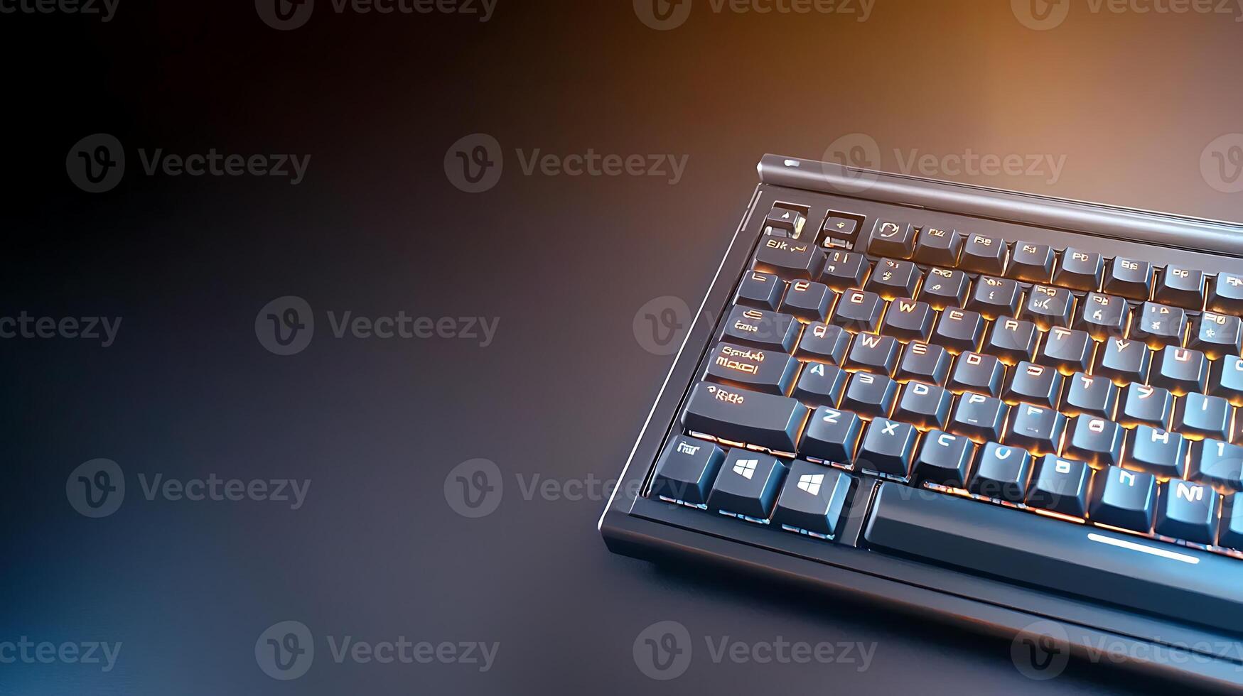Close-up view of a sleek keyboard on a dark surface with soft lighting, ideal for tech-related content photo