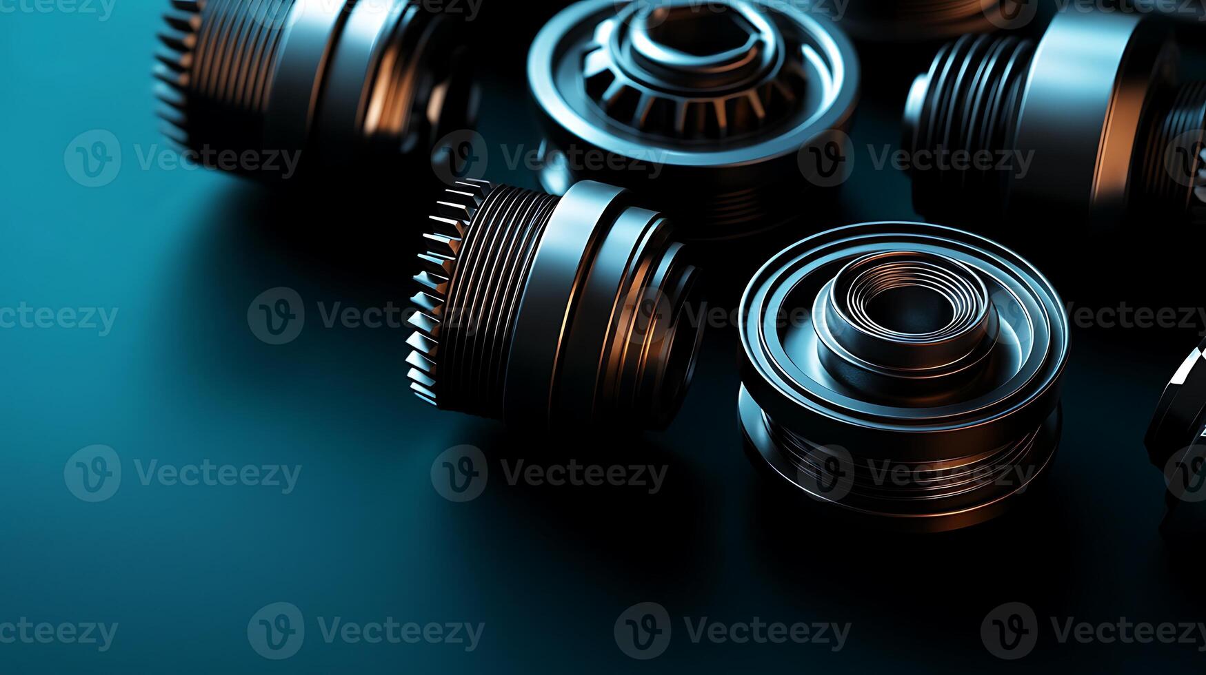 Close-up of metallic mechanical components arranged on a dark surface with dramatic lighting photo