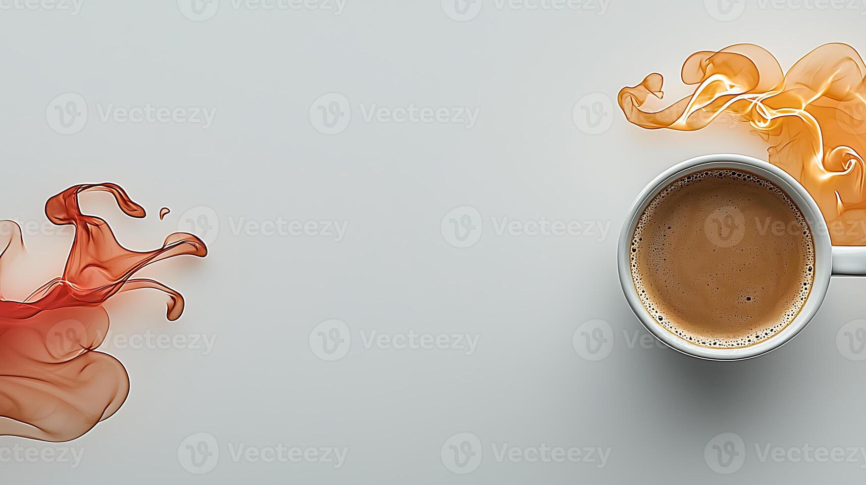 A steaming cup of coffee surrounded by colorful swirling liquid splashes on a plain background photo