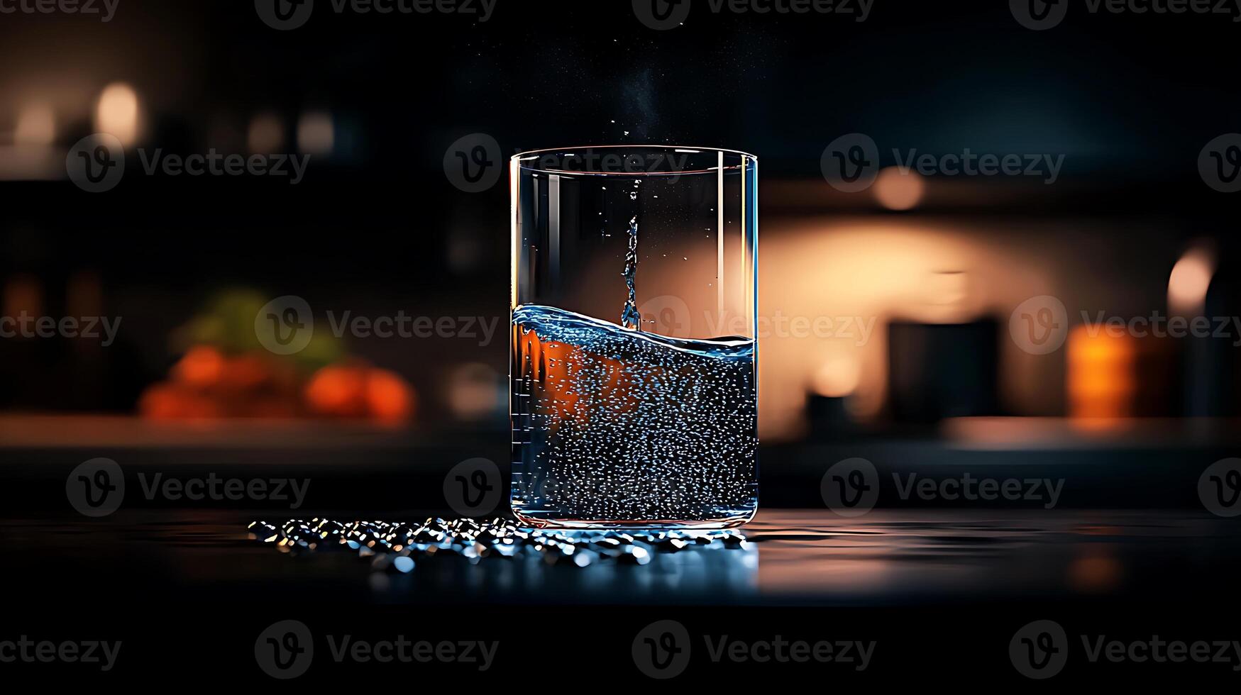 A refreshing glass of water being poured, with bubbles forming, in a cozy kitchen setting photo