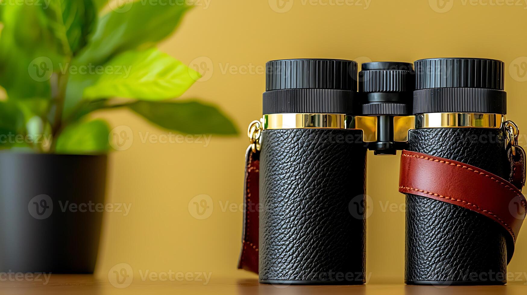 Stylish binoculars with leather straps resting on a wooden surface, surrounded by a green plant photo