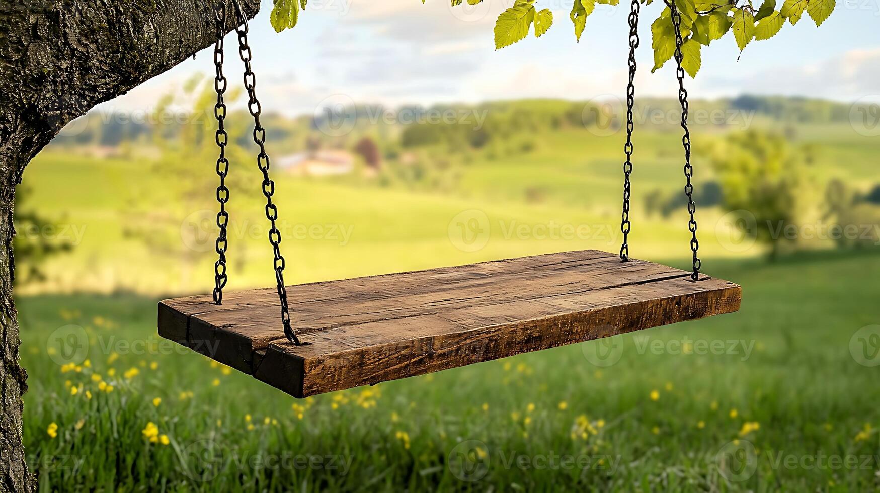 A rustic wooden swing hanging from a tree in a lush green field under a bright sky photo