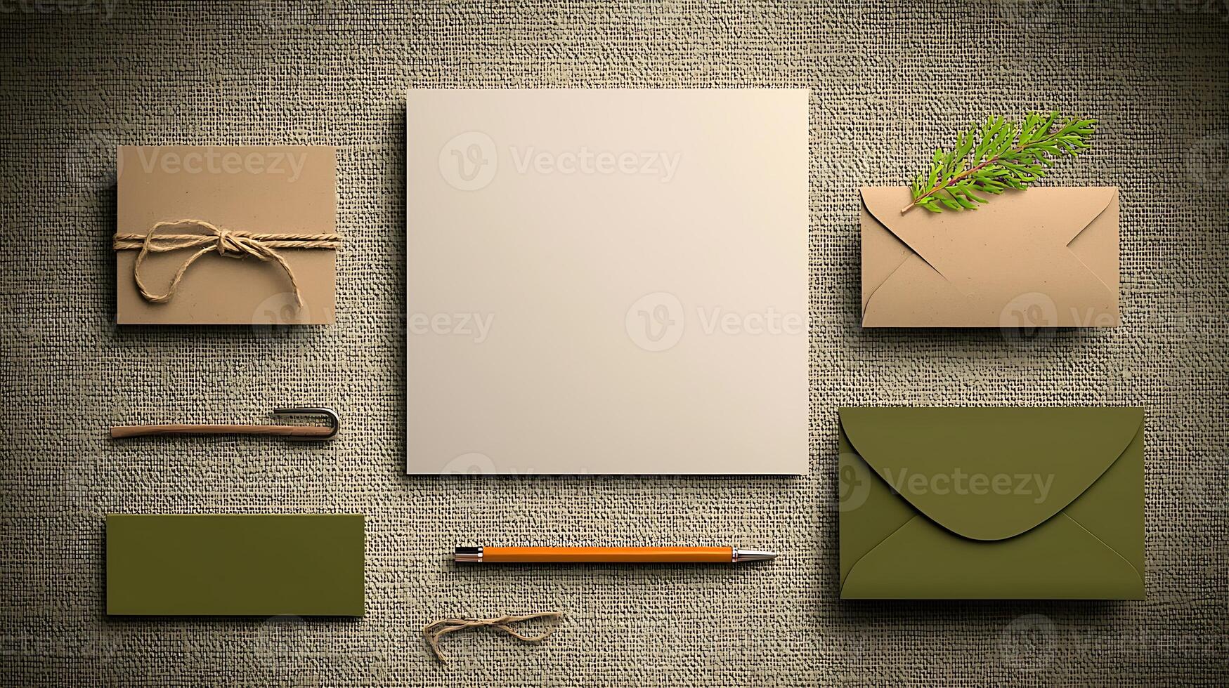 A minimalist workspace featuring various envelopes, a blank canvas, and a green plant accent photo