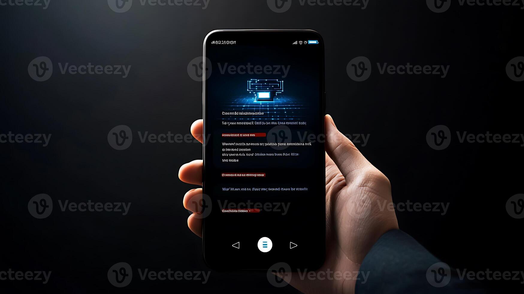 A person holding a smartphone displaying digital security information in a dark environment photo