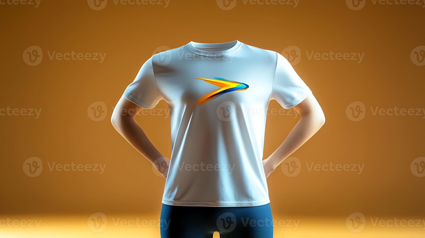 A plain white t-shirt displayed against a warm orange background, showcasing a vibrant logo photo