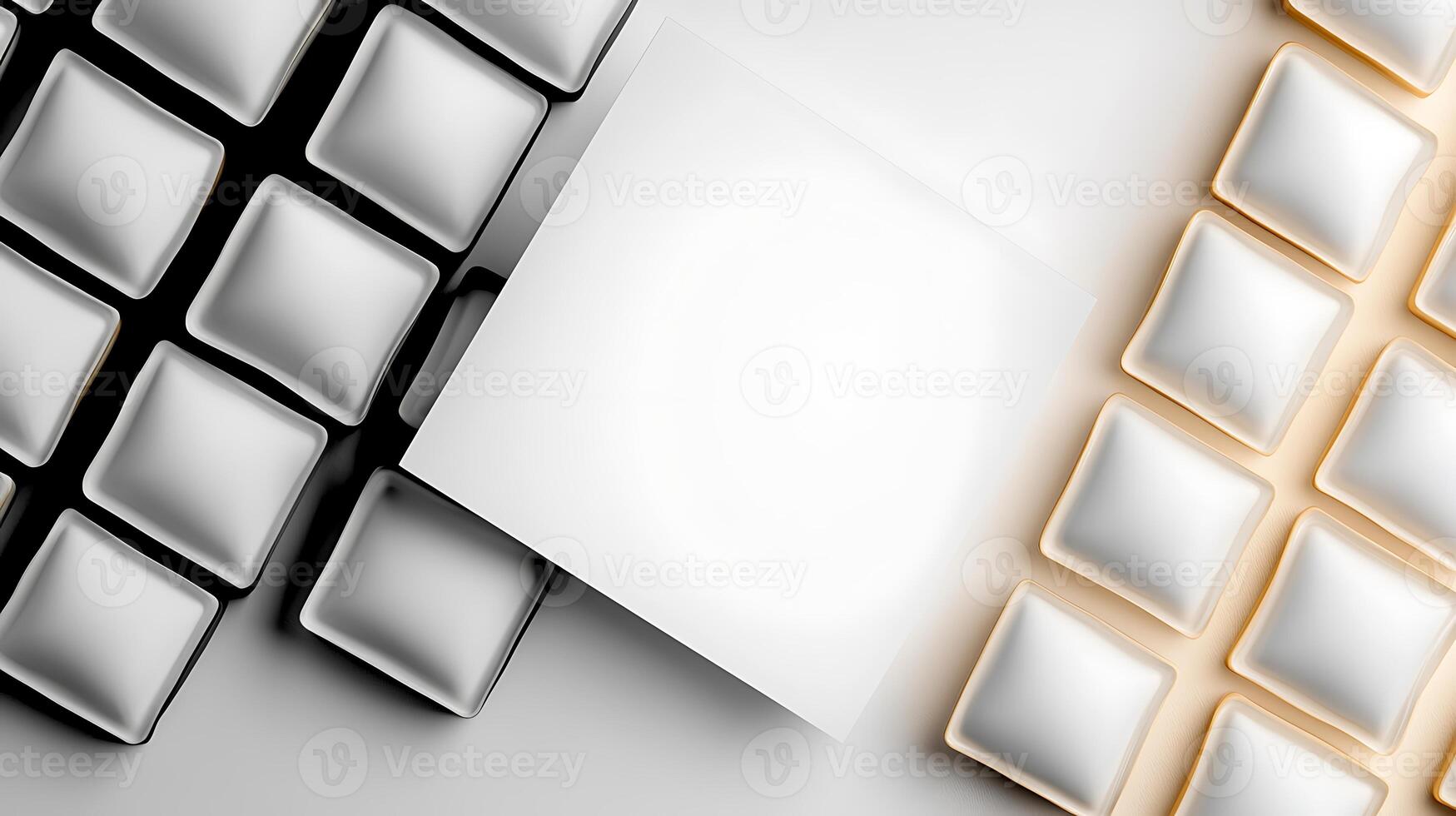 A minimalist keyboard layout featuring silver and gold keys with a blank central key for customization photo
