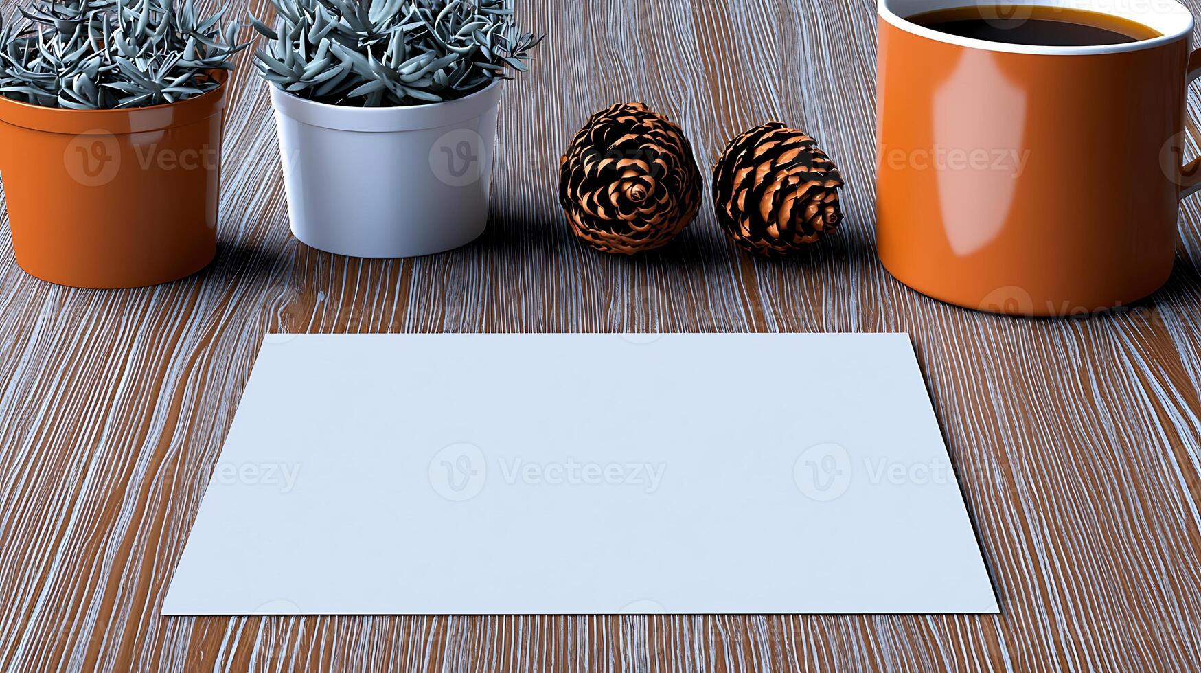 A serene tabletop scene featuring potted plants, pinecones, and a coffee mug, ideal for cozy moments photo