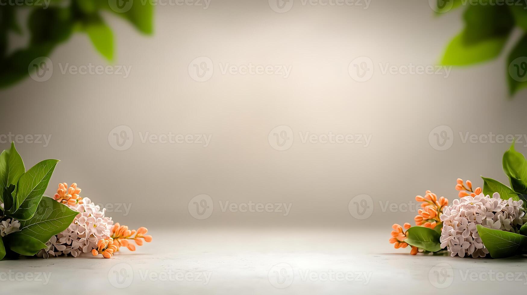 A serene floral arrangement featuring lilac and orange blossoms on a soft, neutral background photo
