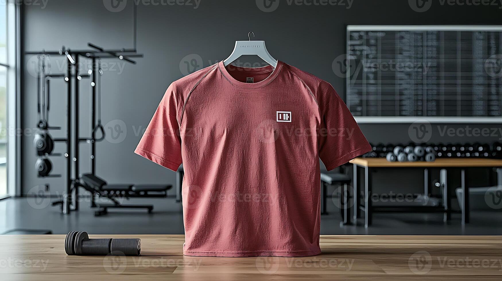 A red athletic t-shirt displayed on a hanger in a modern gym setting with weights photo