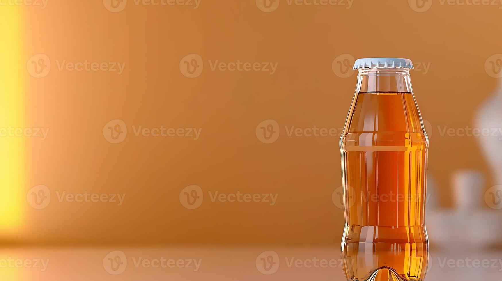 A refreshing beverage bottle stands prominently against a warm, blurred background, evoking relaxation photo