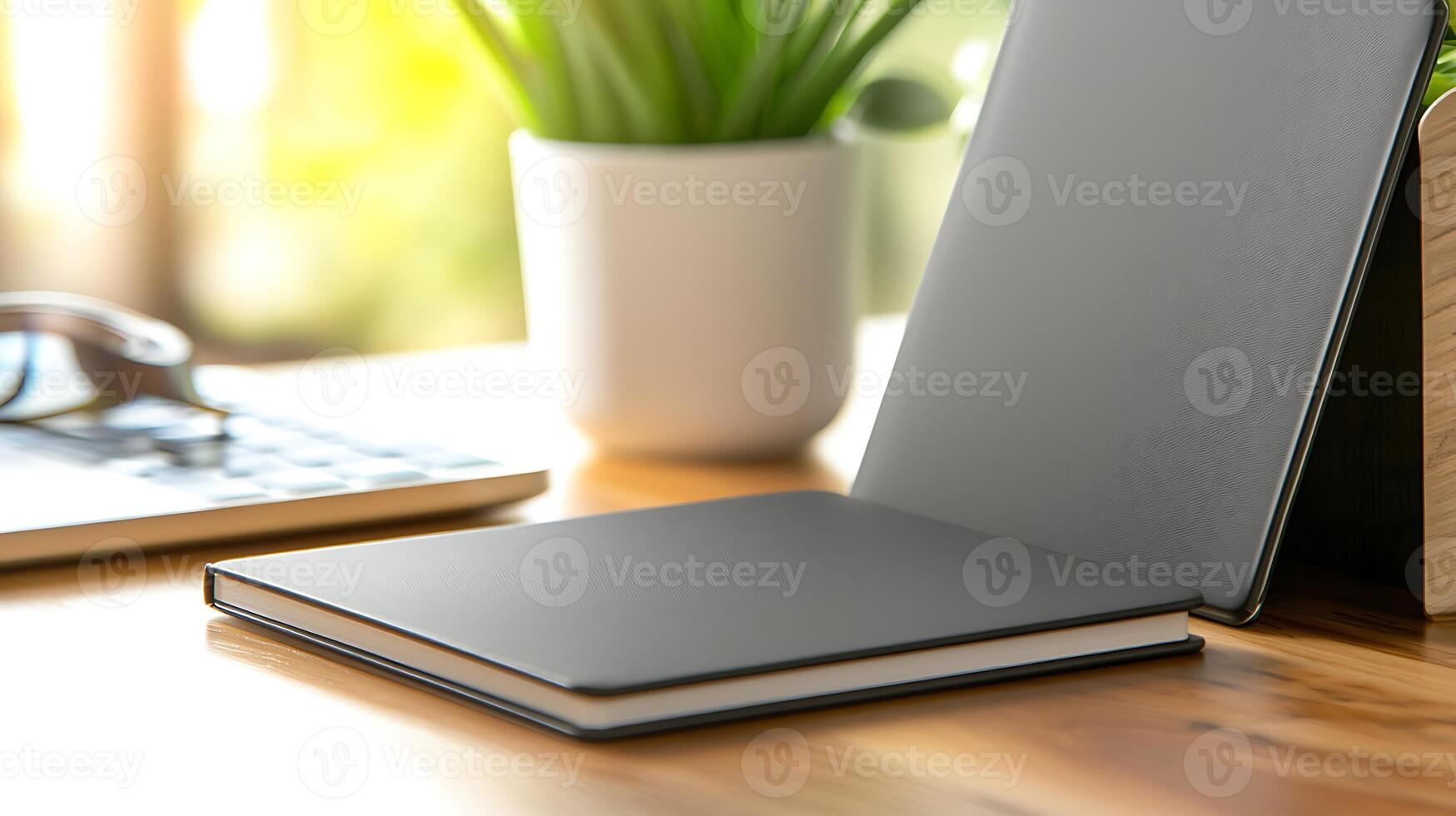 A minimalist workspace featuring an open notebook, a potted plant, and a laptop in soft natural light photo