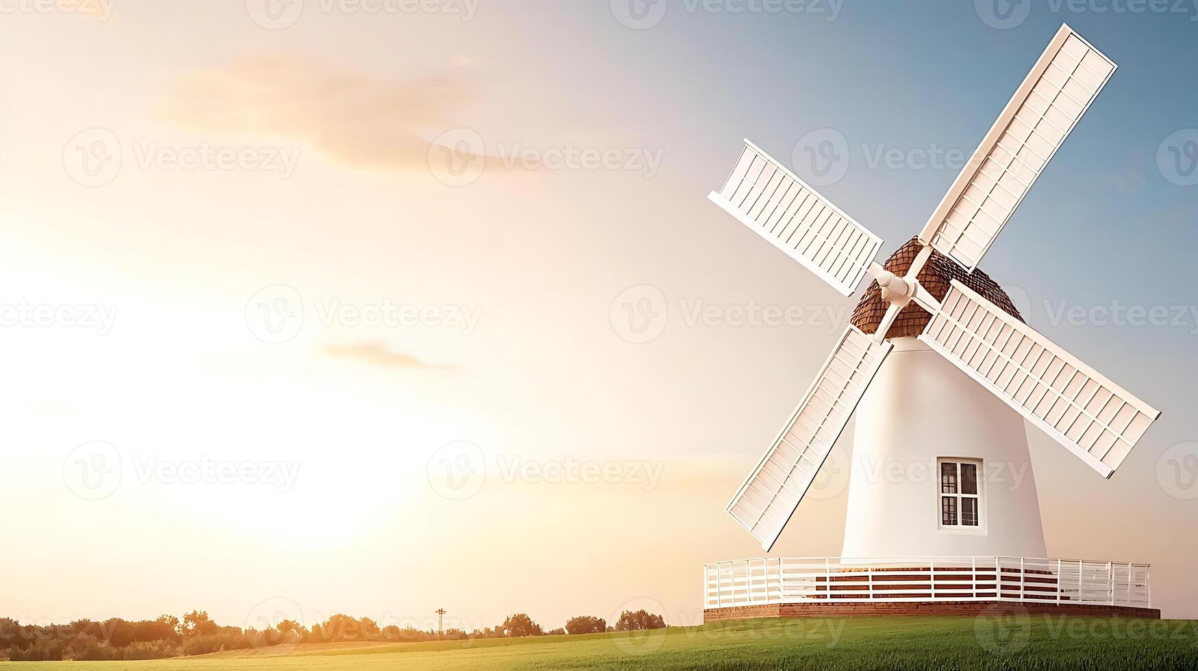 A picturesque windmill stands against a sunset sky, surrounded by green fields, symbolizing tranquility photo