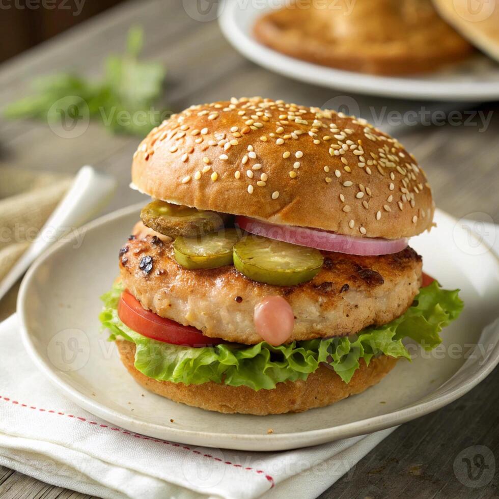A hamburger with pickles and onions on a plate photo