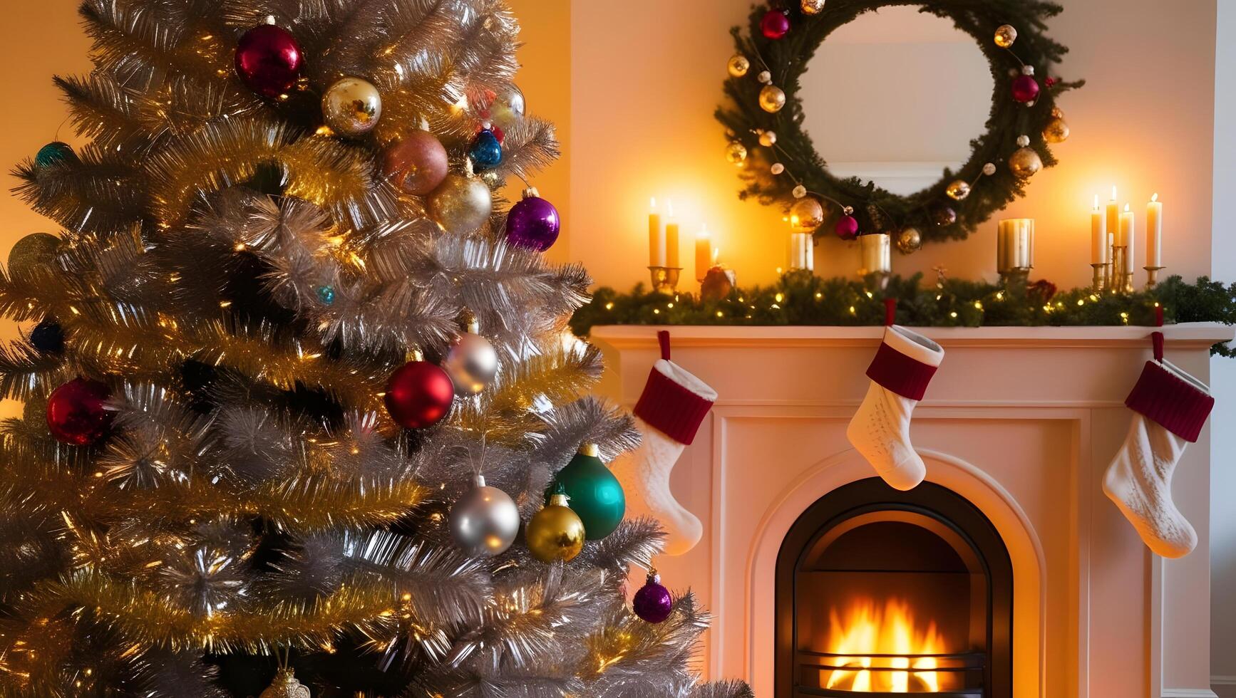 A fireplace with a christmas tree and stockings photo