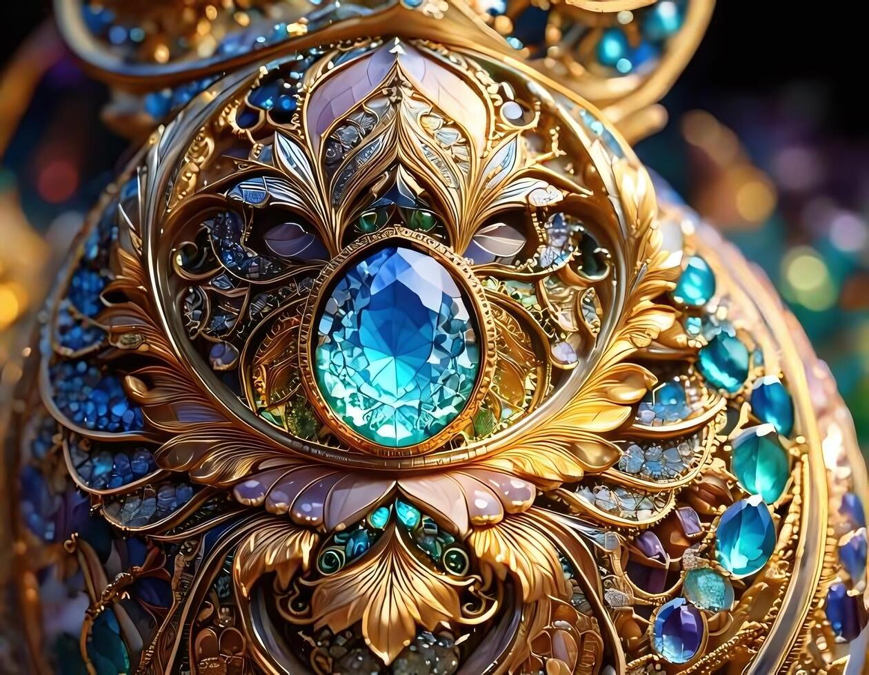 A close up of a gold and blue jeweled ornament photo