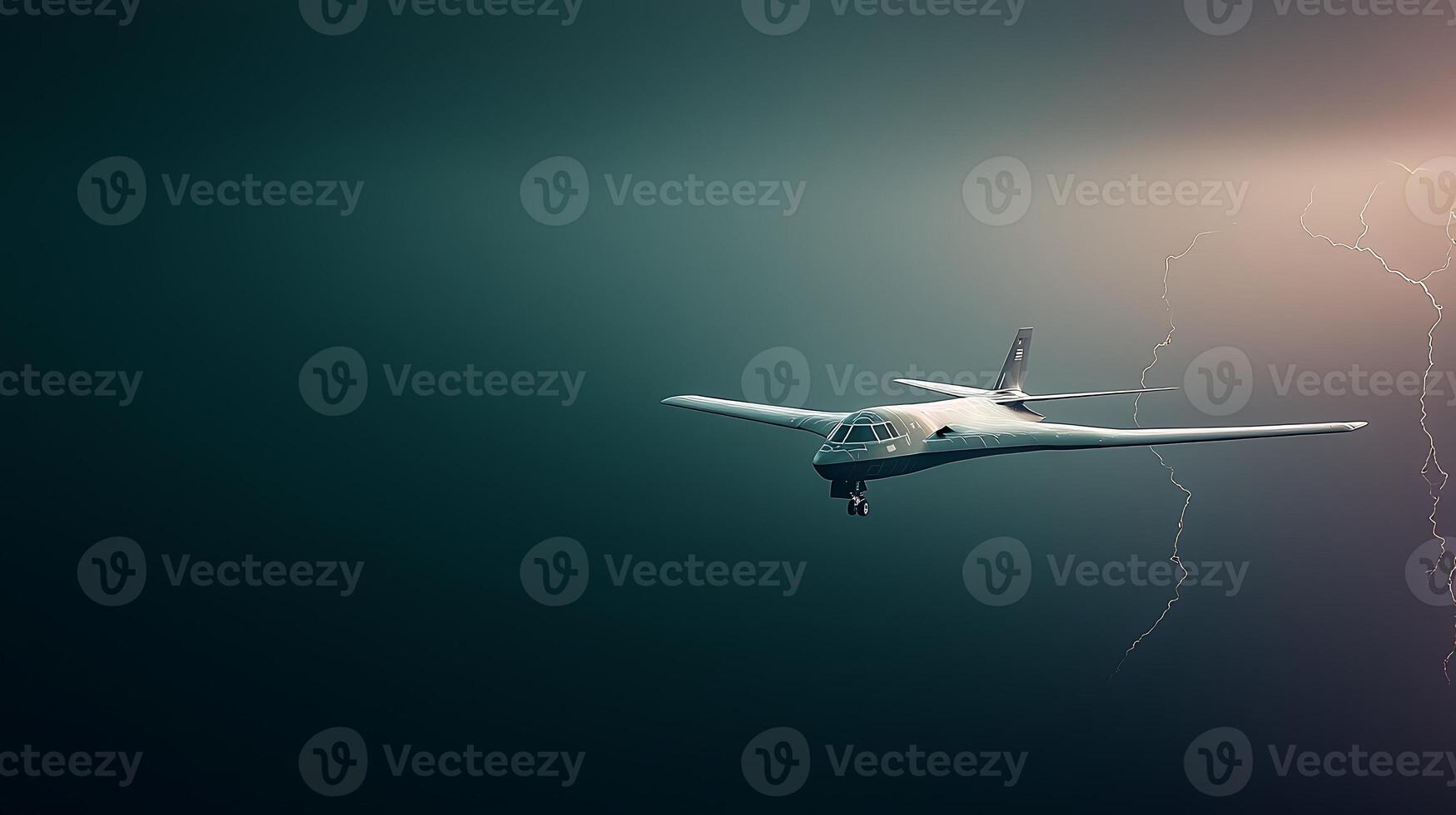 A sleek aircraft flying through a stormy sky with lightning illuminating the dark clouds photo