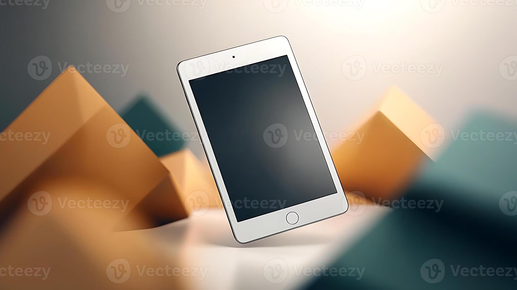 A sleek tablet device levitating amidst colorful geometric shapes in a minimalist setting photo
