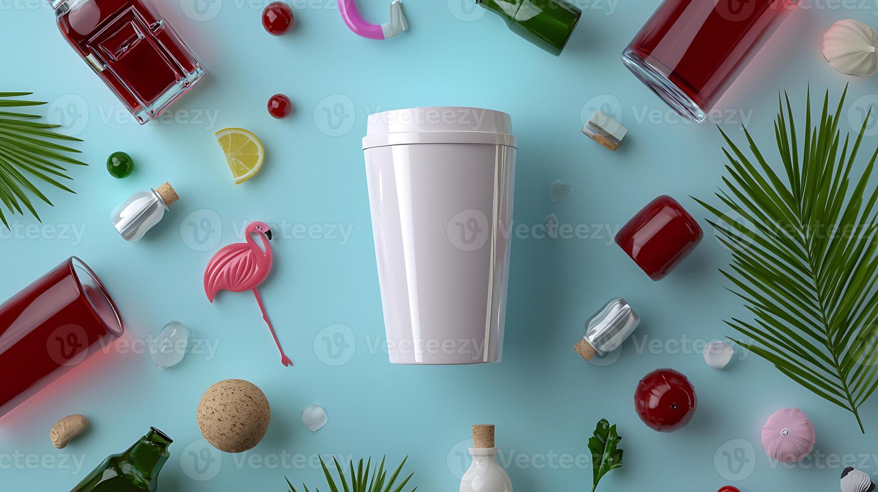 A vibrant assortment of colorful beverages and tropical elements surrounding a blank cup on a blue background photo