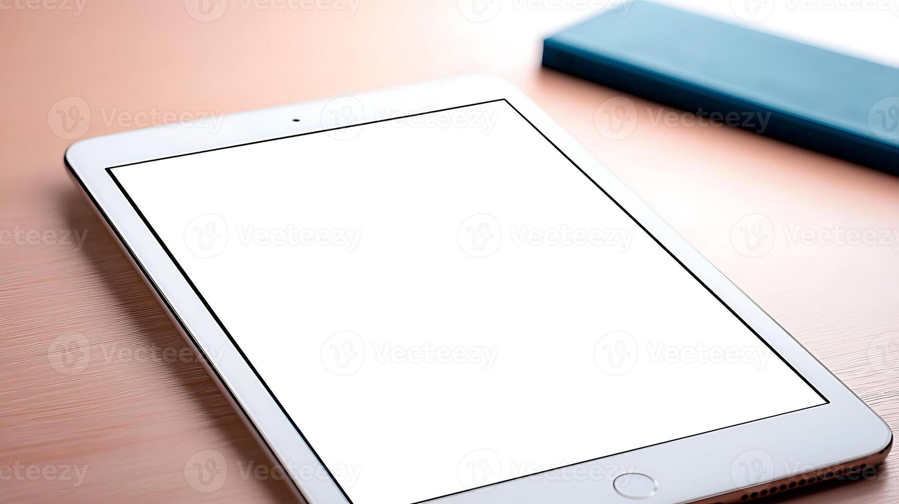 A sleek tablet rests on a wooden desk, showcasing a blank screen with a book in the background photo