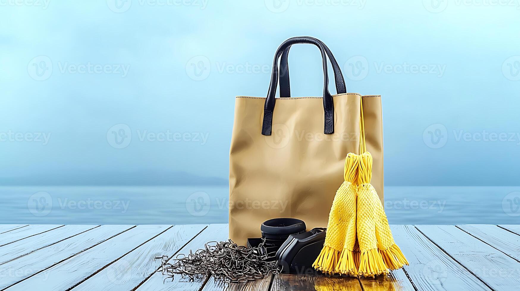 A stylish beige tote bag with yellow tassels and accessories on a wooden deck by the serene water photo