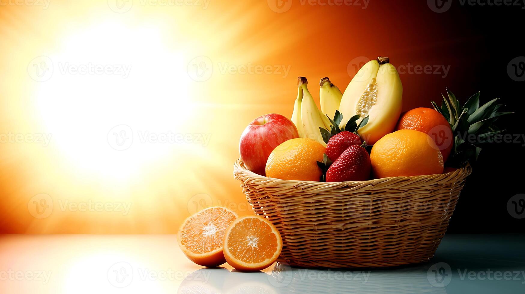 A vibrant fruit basket featuring bananas, apples, oranges, and strawberries illuminated by sunlight photo