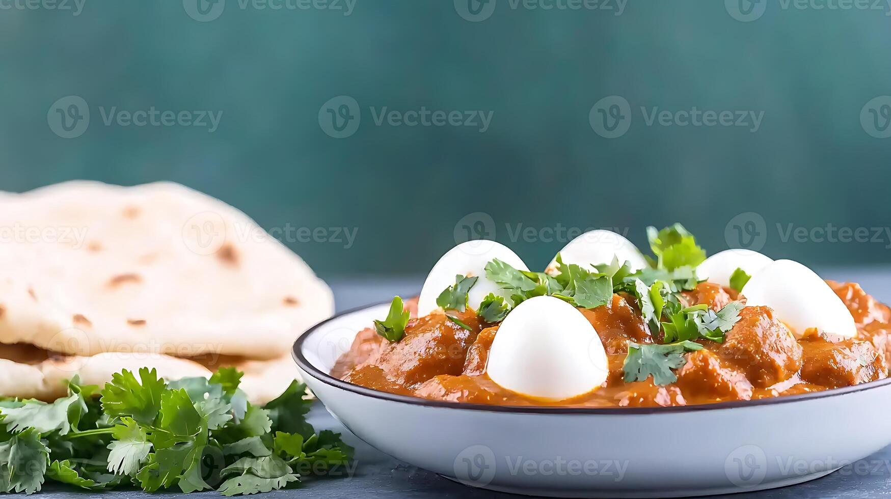 A vibrant bowl of curry with boiled eggs, garnished with cilantro, served with flatbreads photo