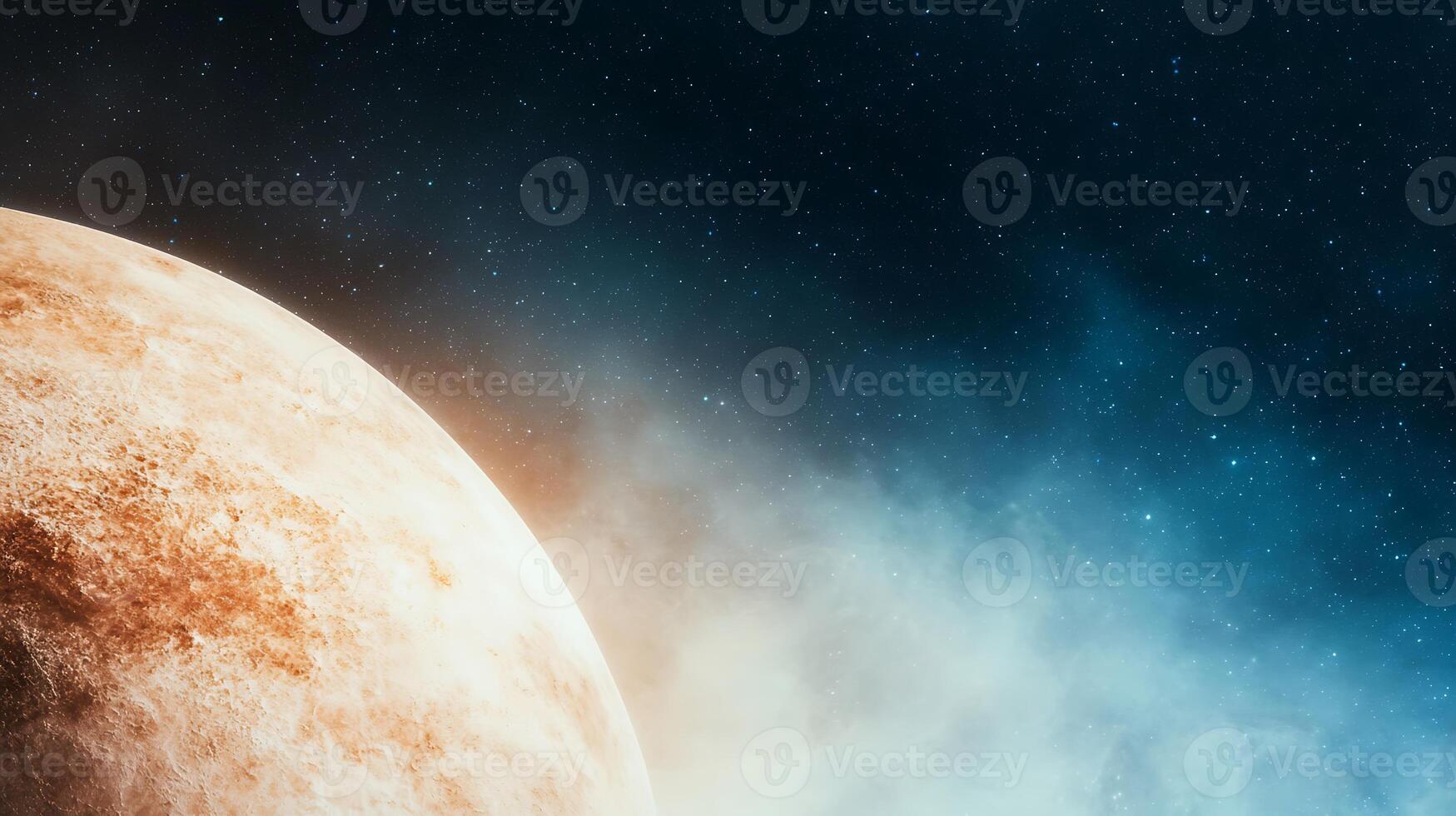 A stunning view of a distant planet in space, surrounded by colorful nebulae and stars photo