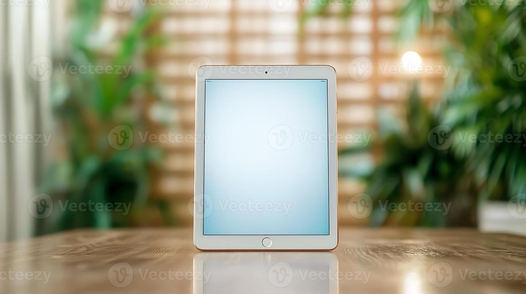 A sleek tablet device stands on a wooden table, surrounded by lush green plants indoors photo