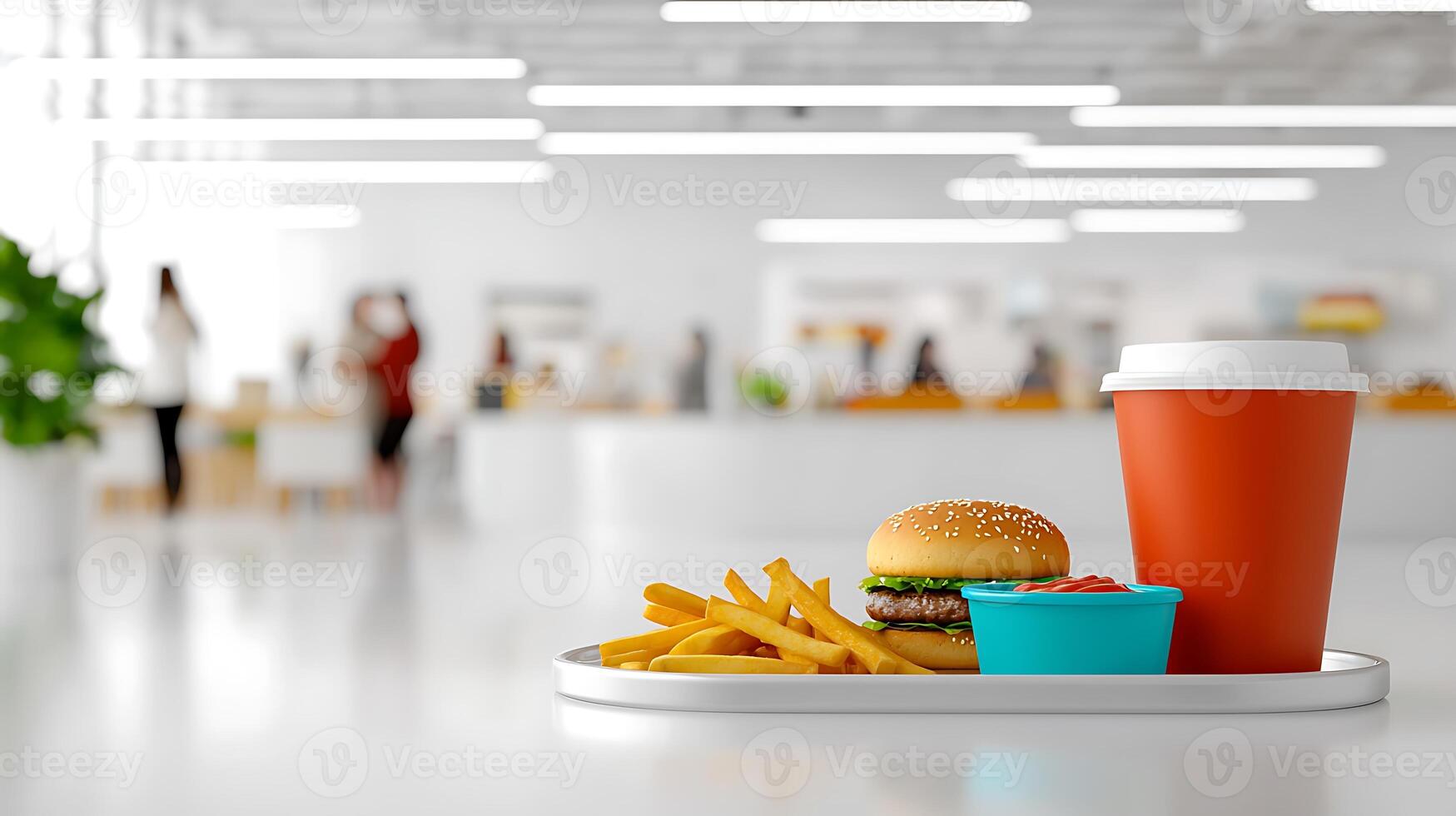 A vibrant fast-food meal featuring a burger, fries, and drink in a modern dining space photo