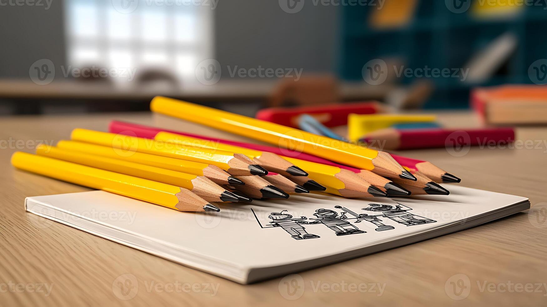 A vibrant collection of yellow and colored pencils arranged artistically on a sketchbook photo
