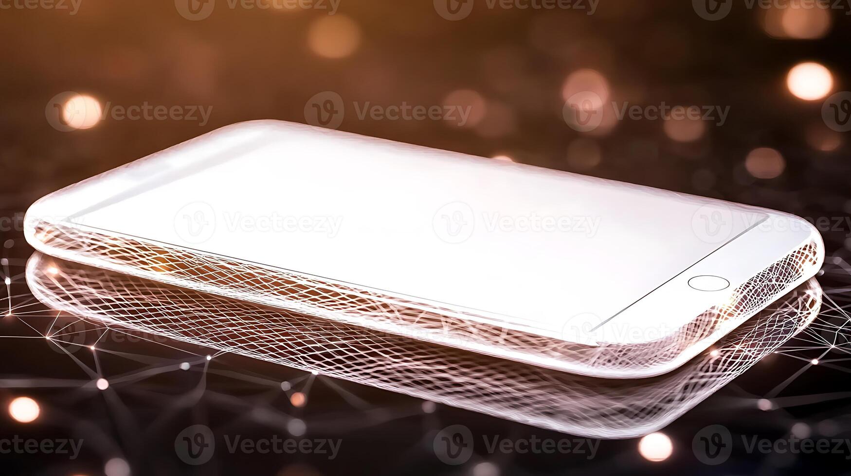 A sleek smartphone resting on a futuristic surface with glowing network connections in the background photo