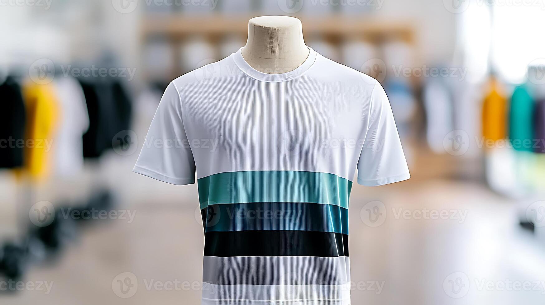 A stylish mannequin displays a modern striped t-shirt in a bright clothing store interior photo