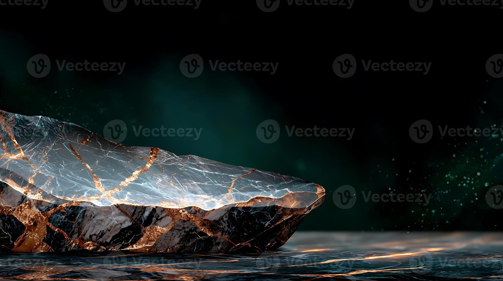 A stunning crystal rock formation illuminated against a dark, ethereal background with glowing particles photo