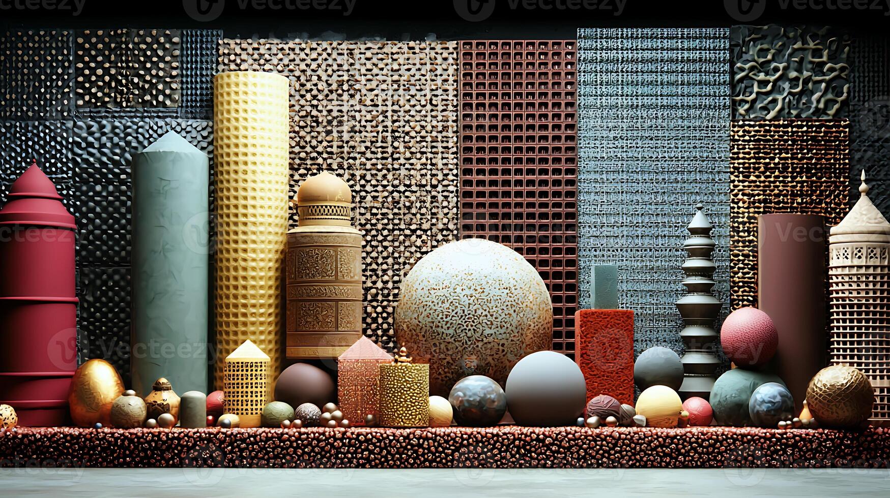 A vibrant display of textured geometric shapes and patterns in a modern artistic setting photo