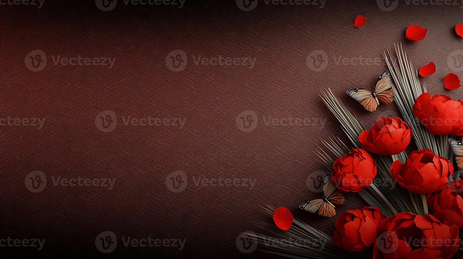 A vibrant arrangement of red roses and butterflies on a textured brown background photo