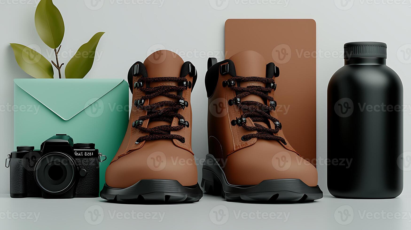 Brown hiking boots positioned with a camera, water bottle, and envelope on a minimalist background photo