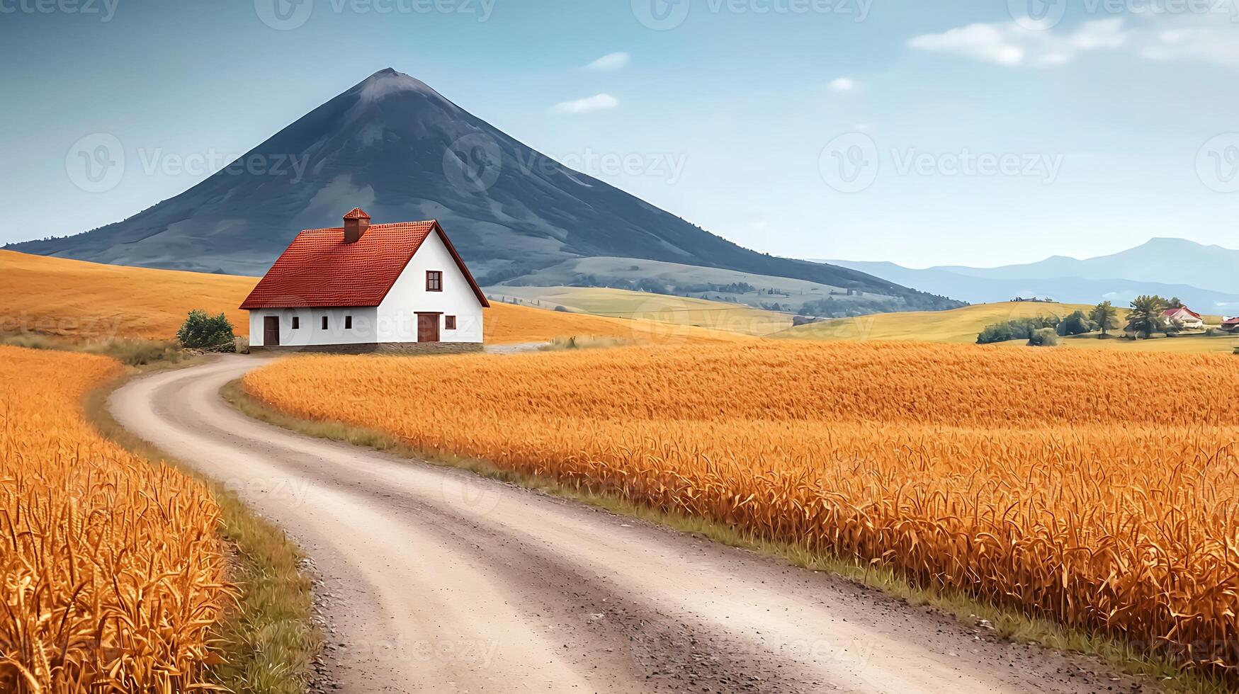 Serene countryside scene featuring a white house on a winding road with golden fields and mountains photo
